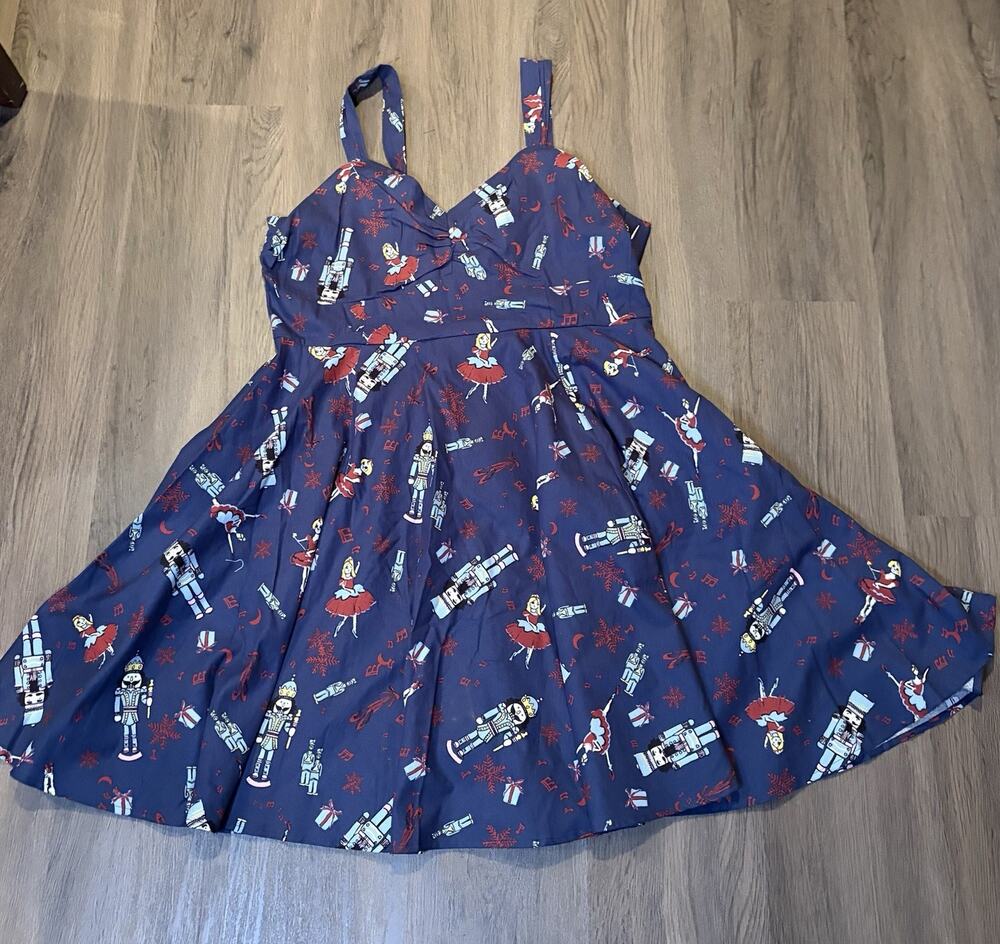 ModCloth Blue Nutcracker Novelty Fit & Flare V-Neck Dress XL Knee Length